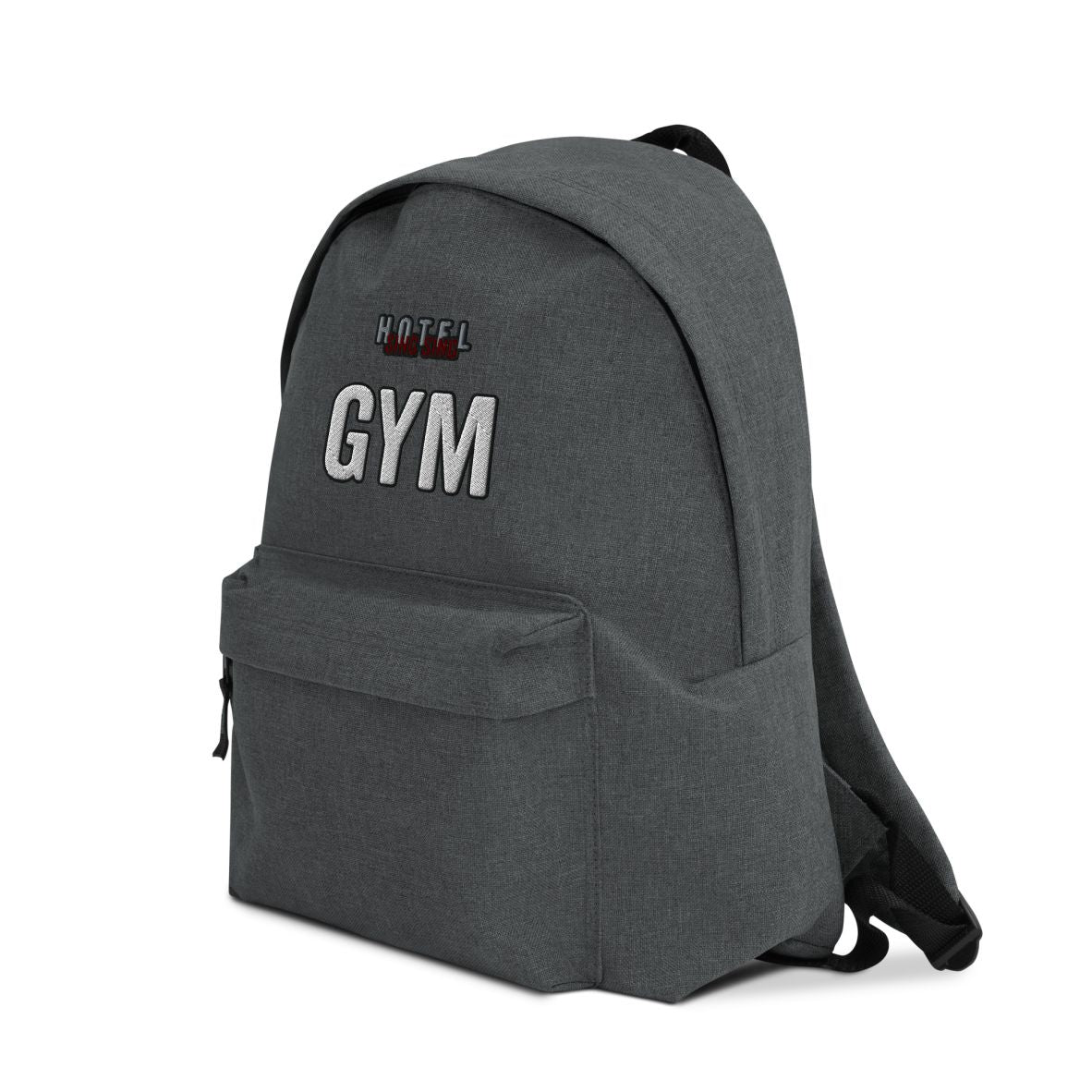 Sing Sing Hotel Embroidered Logo Backpack, Grey Marl. Angled view.