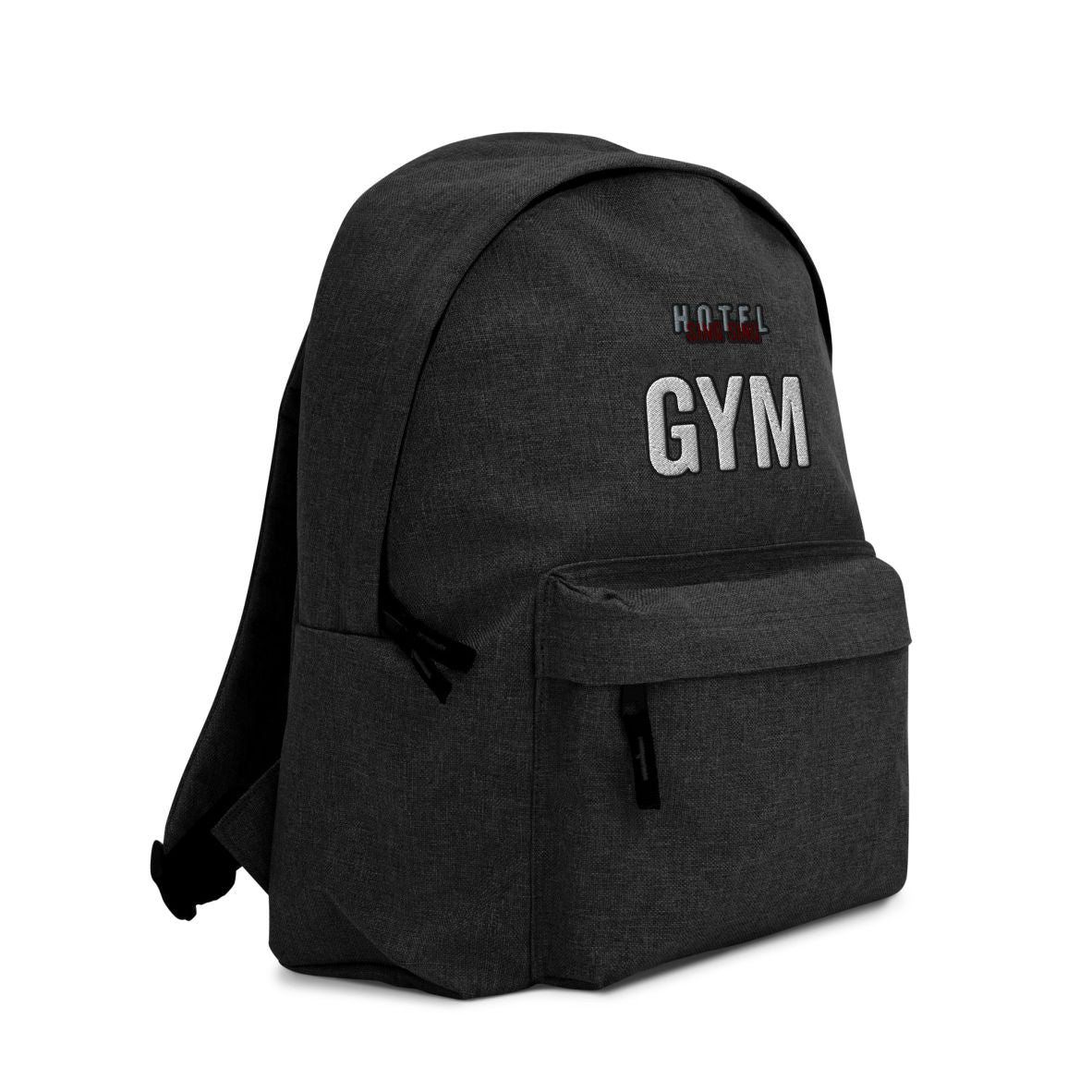 Sing Sing Hotel Embroidered Logo Backpack, Anthracite dark grey. Angled view.