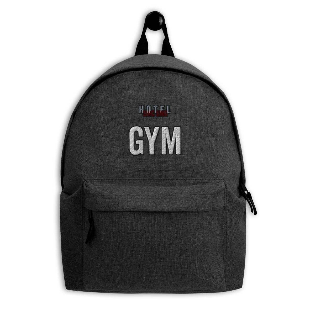 Sing Sing Hotel Embroidered Logo Backpack, Anthracite dark grey. Front view on hanger..