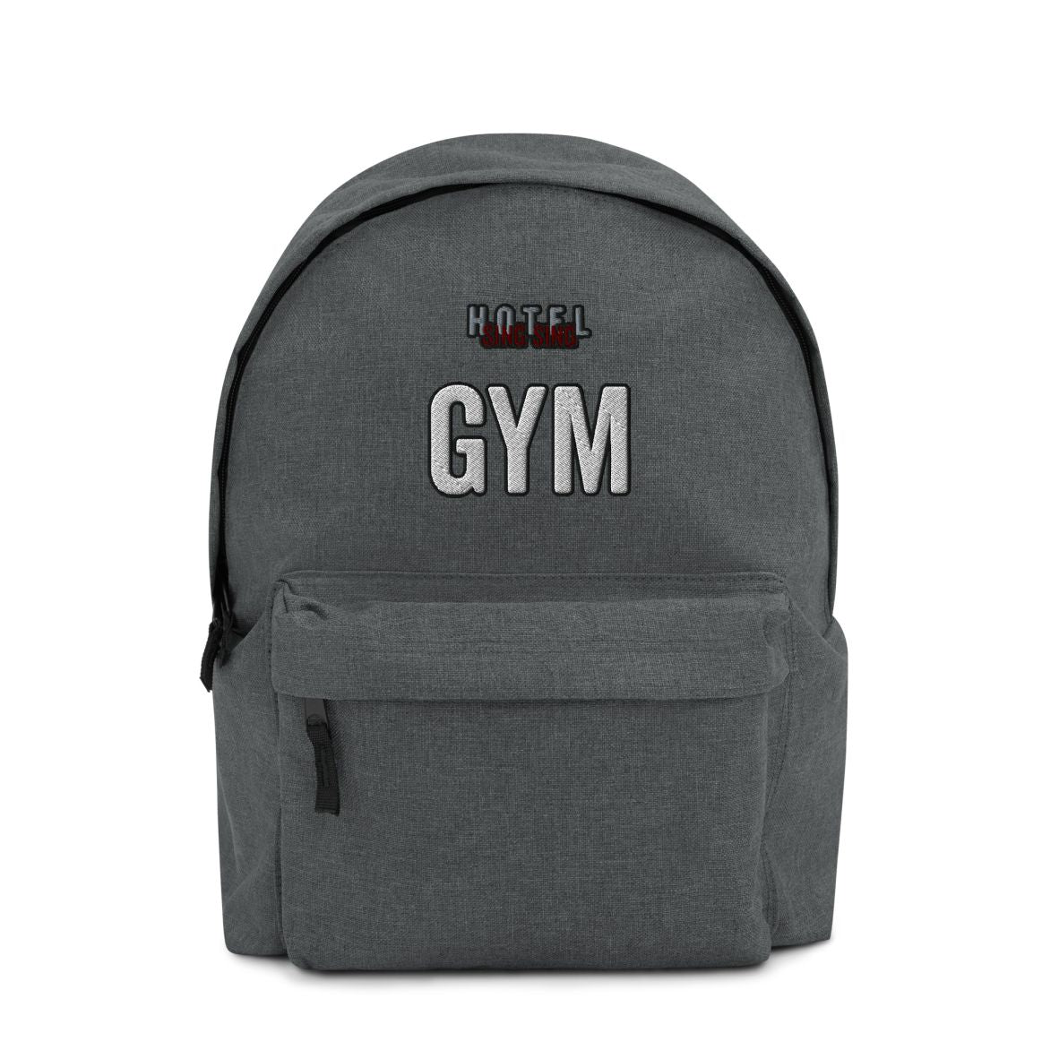 Sing Sing Hotel Embroidered Logo Backpack, Grey Marl, light grey. Front view.