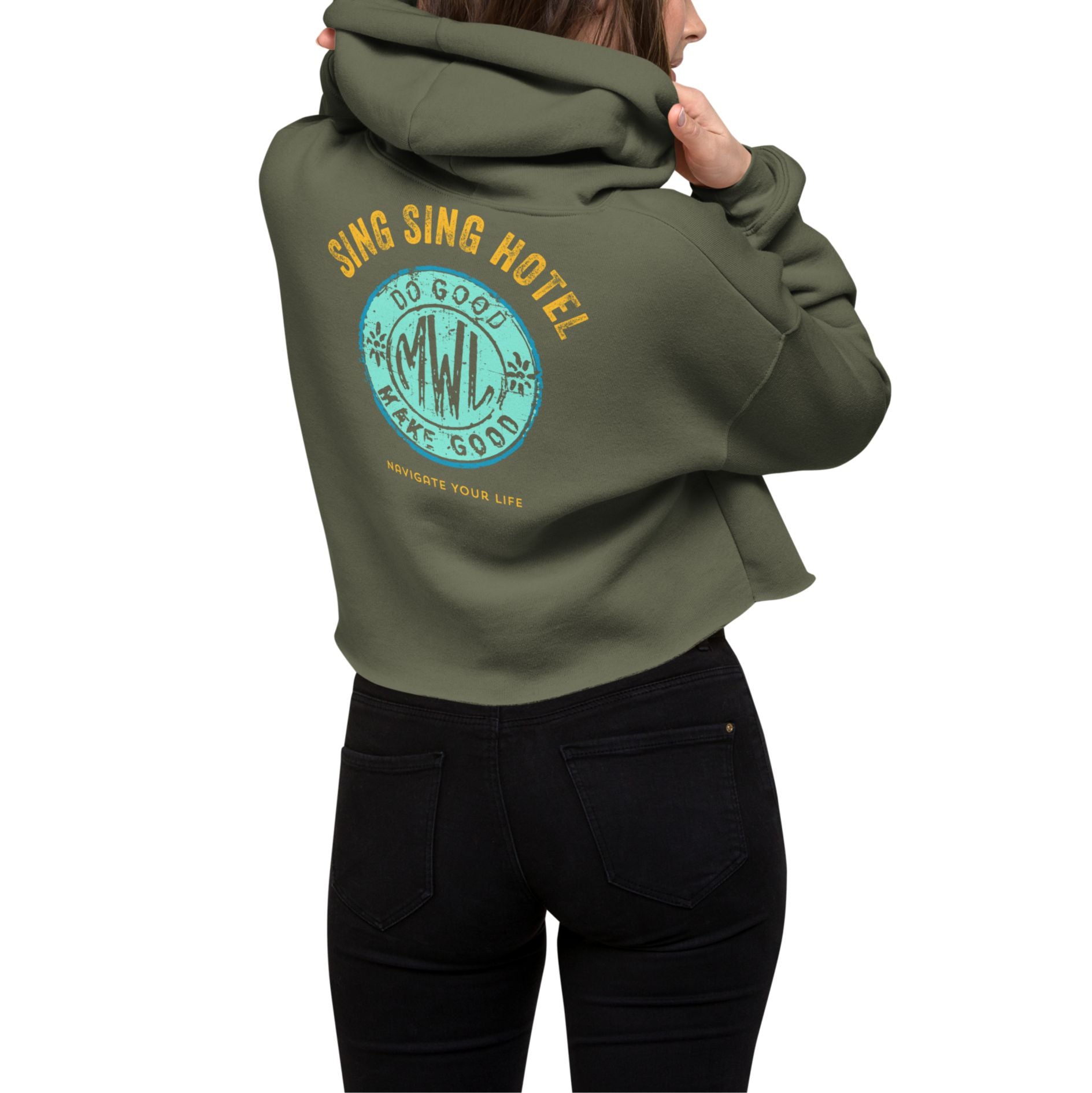 002 Do Good Make Good Crop Hoodie, Military Green. Back View.