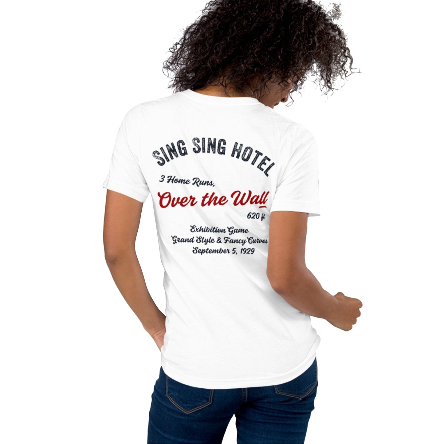 Sing Sing Hotel, Over the Wall T-Shirt 3 Home Runs 620ft Exhibition Game, White Cotton T-shirt. Back view.