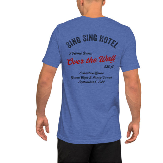 Sing Sing Hotel, Over the Wall T-Shirt 3 Home Runs 620ft Exhibition Game, Heather Royal Blue T-shirt. Back view.