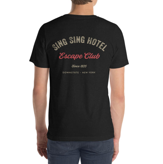 Sing Sing Hotel 008 Escape Club, Since 1825 Black Heather T-Shirt. Back view.