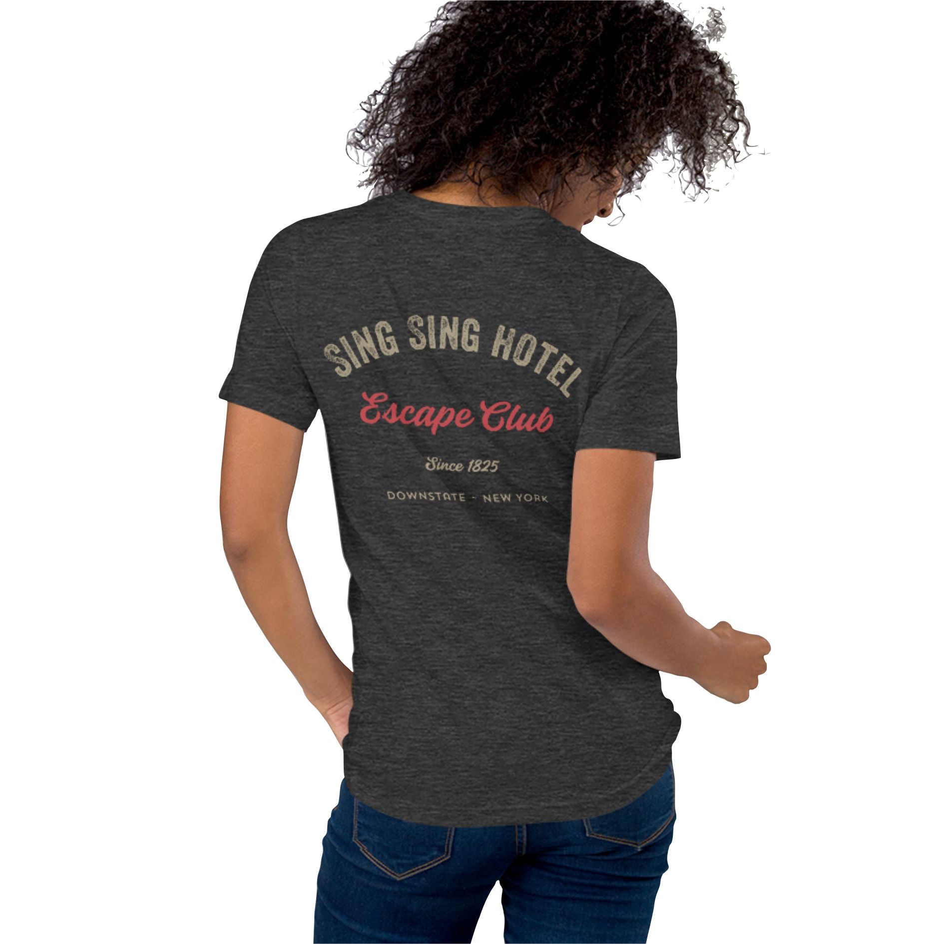 Sing Sing Hotel 008 Escape Club, Since 1825 Dark Grey Heather Heather T-Shirt. Back view.