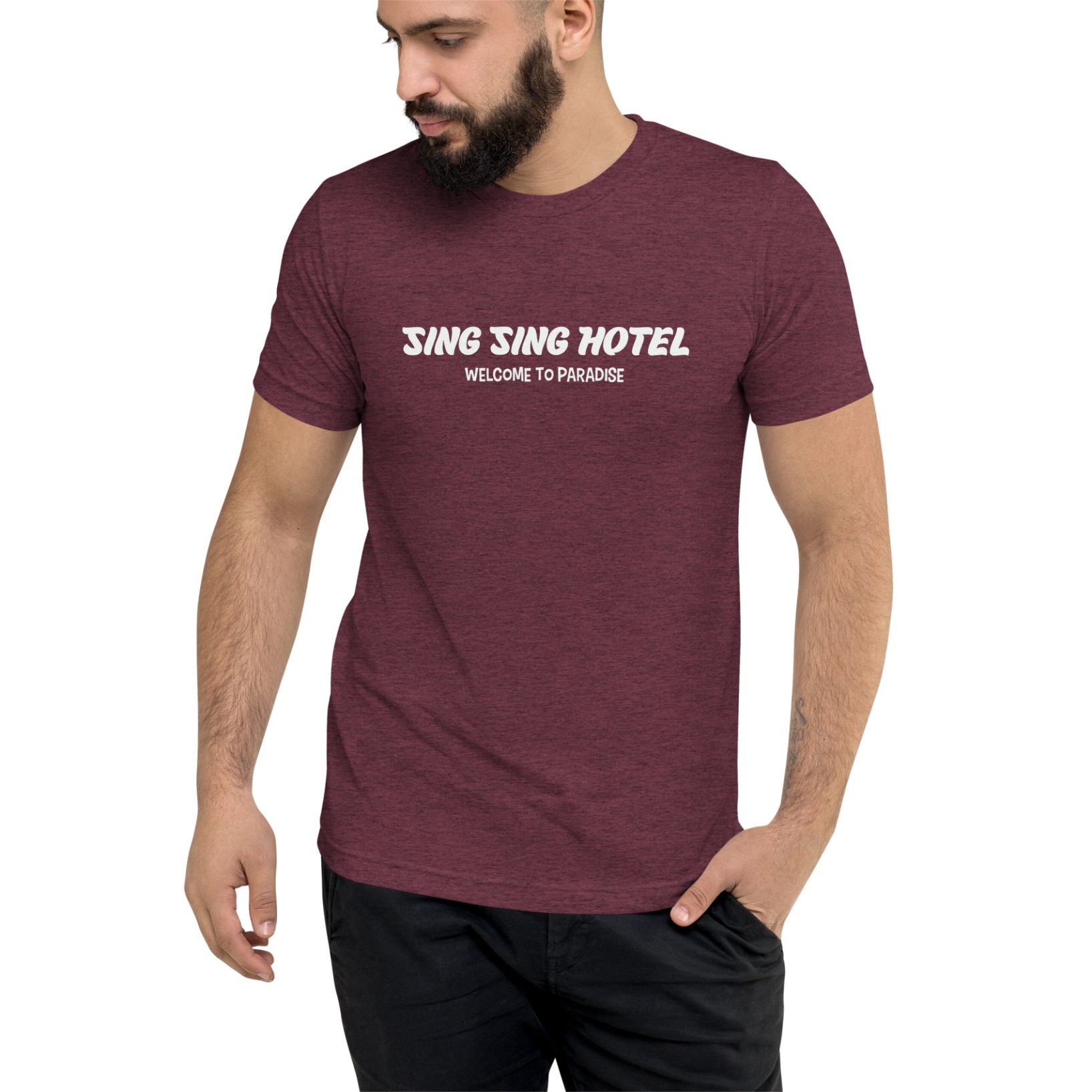 Sing Sing Hotel, Welcome to Paradise From Miami Beach to Palm Beach & Everywhere in-between: Aventura, Hollywood, Fort Lauderdale, Pompano Beach, Boca Raton, Delray Beach, Boynton Beach. Front view Maroon Flamingo T-Shirt.