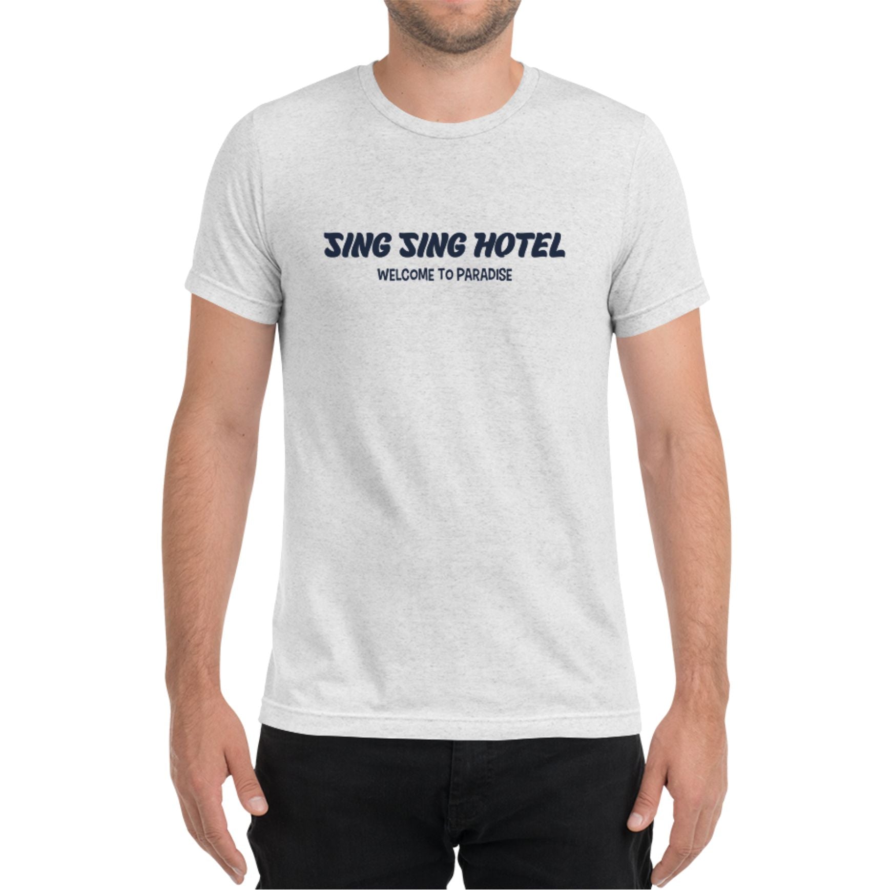 Sing Sing Hotel, Welcome to Paradise: Miami Beach South Florida Island City. Front view White Fleck Toucan T-Shirt.