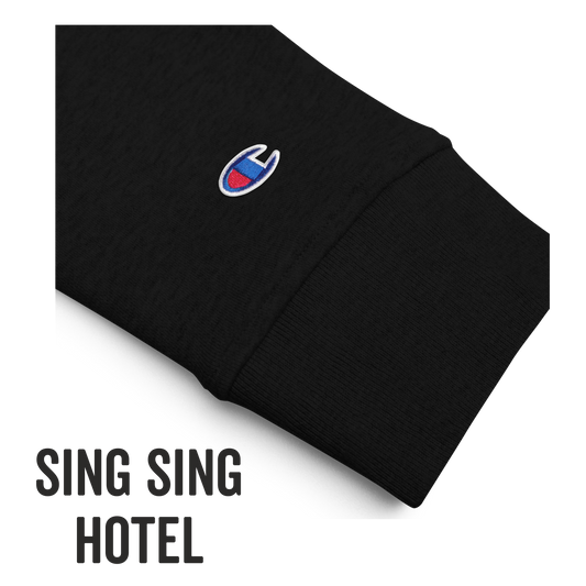 Embroidered Sing Sing Hotel, Sleeve image with Champion logo