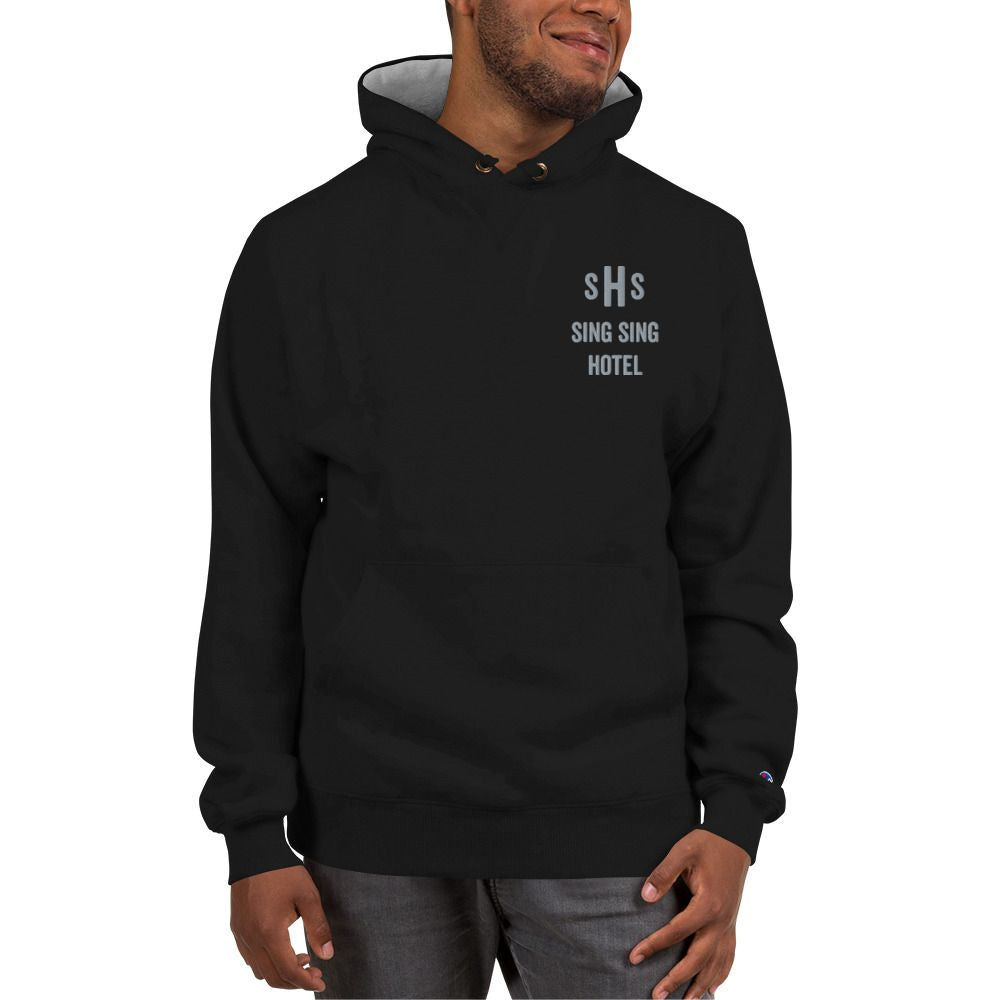 Embroidered Sing Sing Hotel Motif Champion Hoodie, Black.