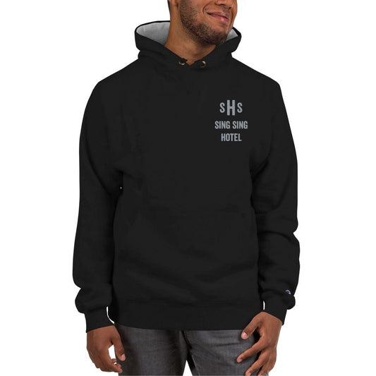 Embroidered Sing Sing Hotel Motif Champion Hoodie, Black.