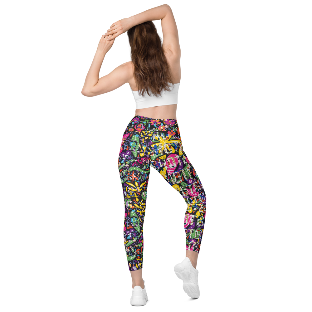 Sing Sing Hotel, Summer City Crossover Leggings with pockets, stretching pose back view.