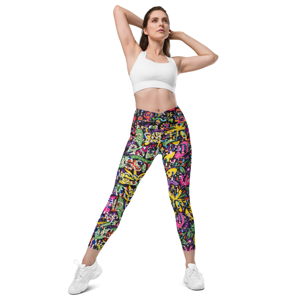 Sing Sing Hotel, Summer City Crossover Leggings with pockets, stretching pose.