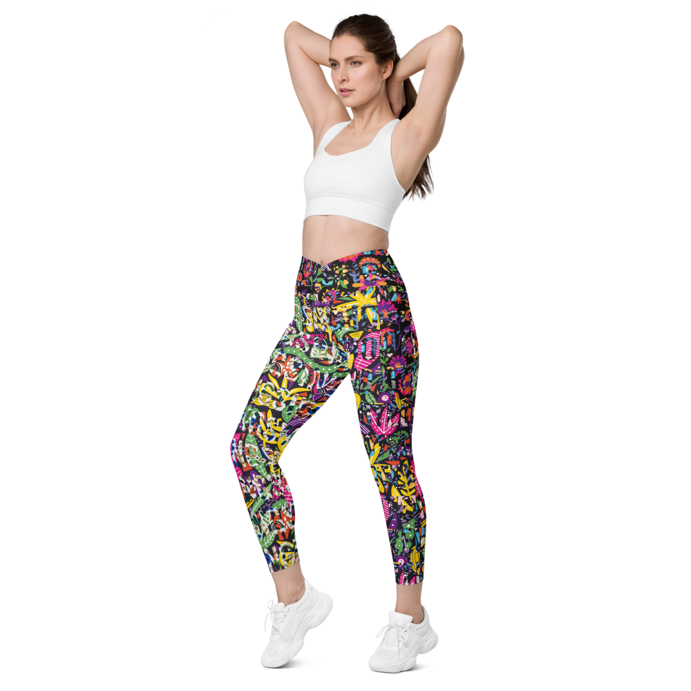 Sing Sing Hotel, Summer City Crossover Leggings with pockets, hand behind head stretch pose.