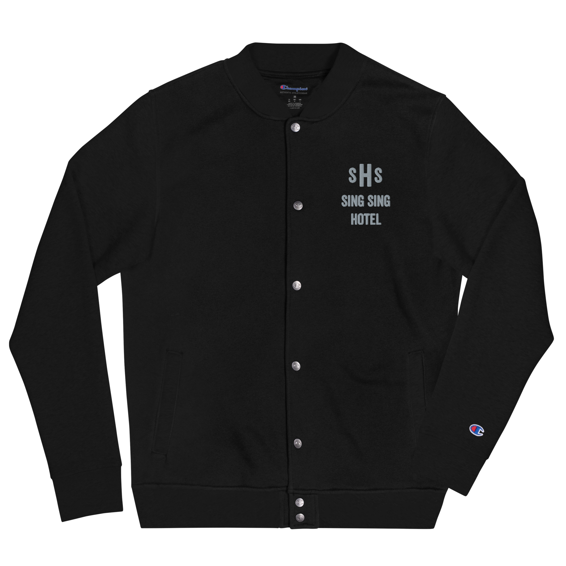 Sing Sing Hotel Embroidered Champion Bomber Jacket, Black.