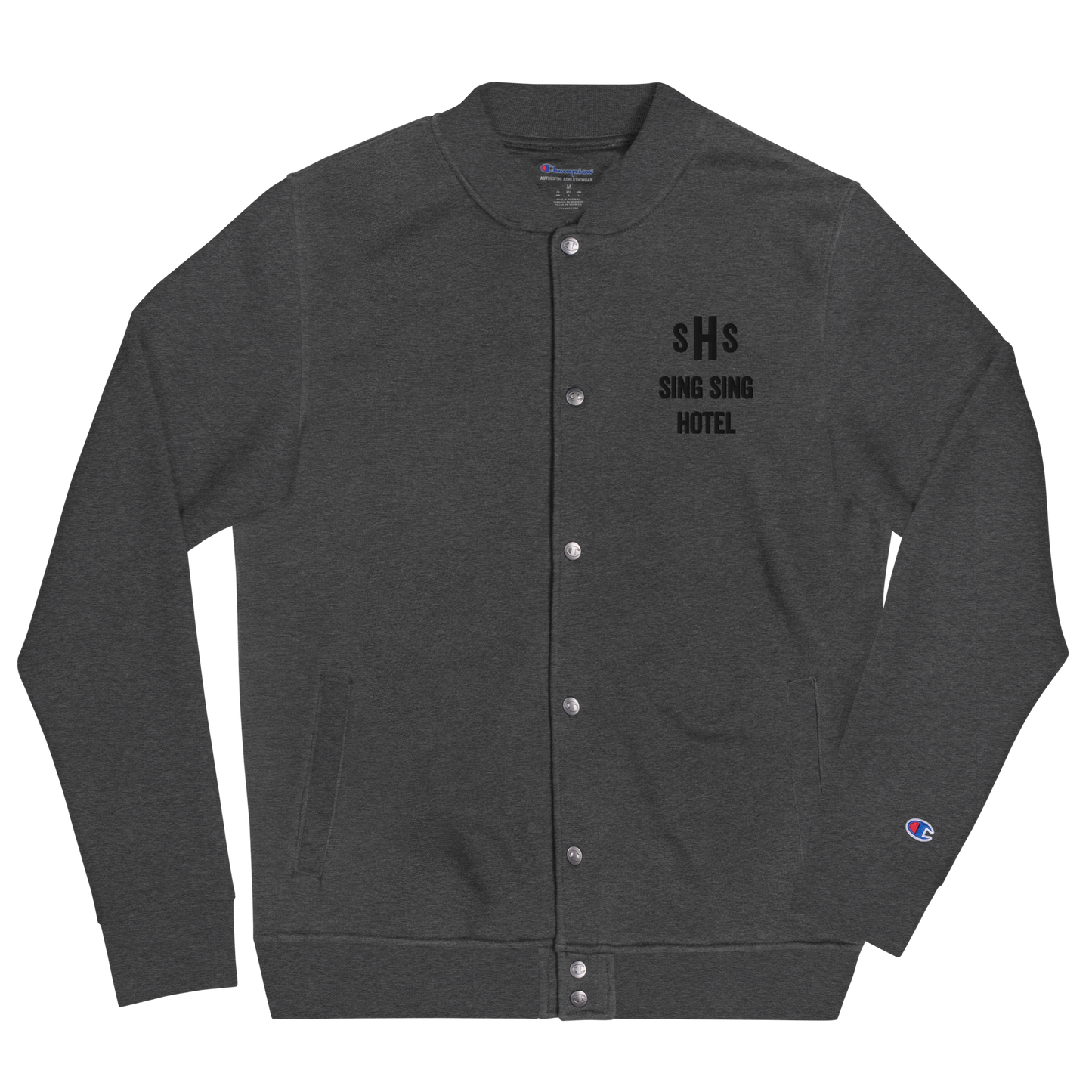 Sing Sing Hotel Embroidered Champion Bomber Jacket, Charcoal Heather.