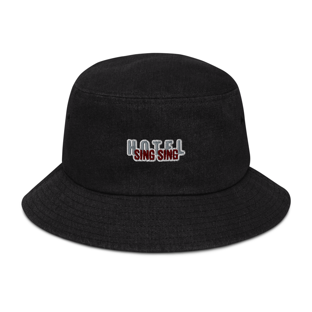 Black Denim Bucket Session Hat with Embroidered Sing Sing Hotel Tab.