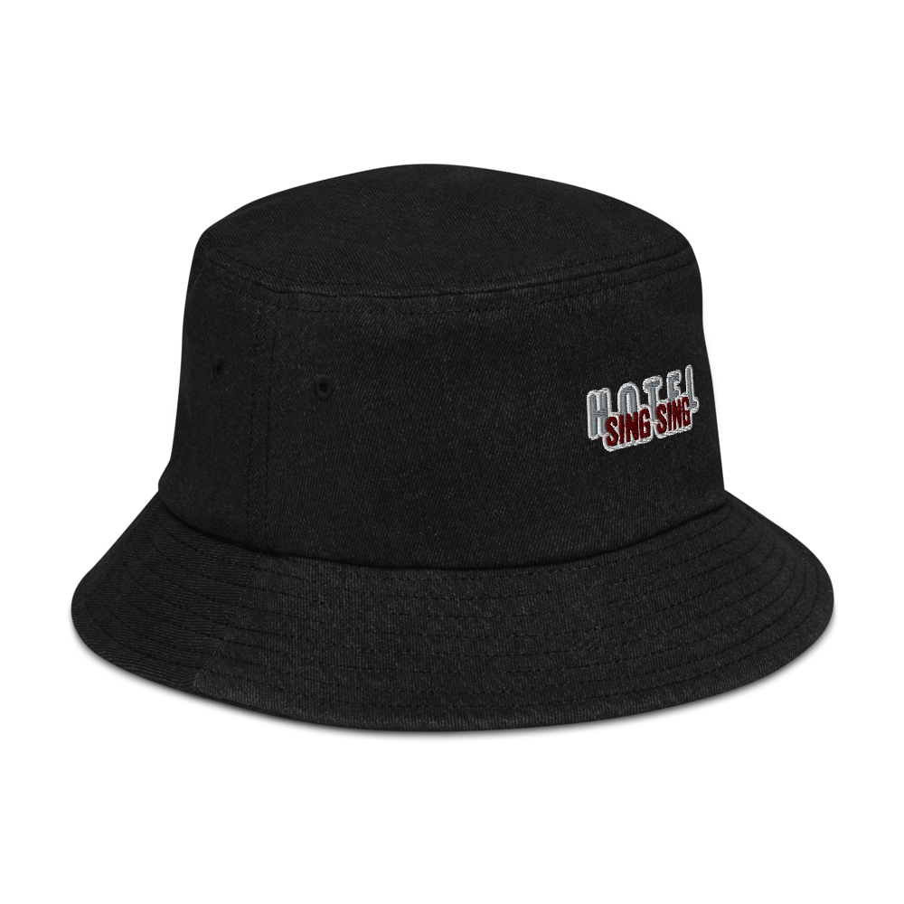 Black Denim Bucket Session Hat with Embroidered Sing Sing Hotel Tab. Side view.