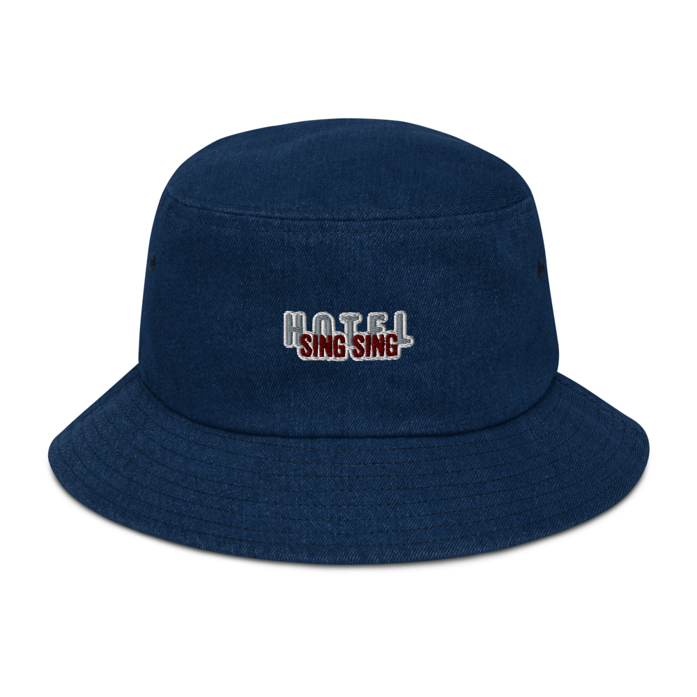 Classic Denim Bucket Session Hat with Embroidered Sing Sing Hotel Tab.