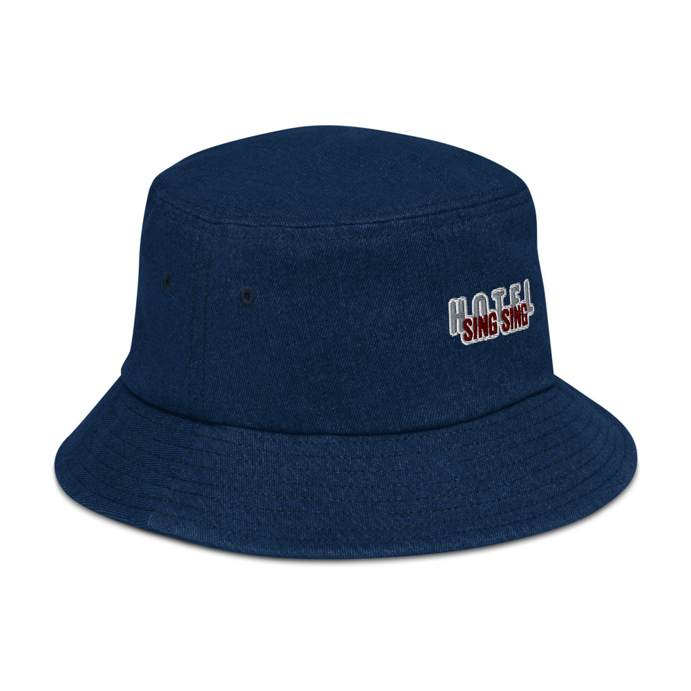 Classic Denim Bucket Session Hat with Embroidered Sing Sing Hotel Tab. Side view.