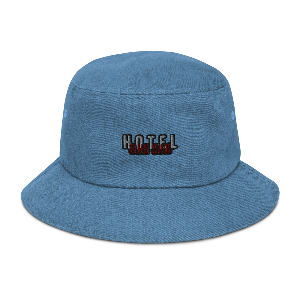 Washed Denim Bucket Session Hat with Embroidered Sing Sing Hotel Tab.