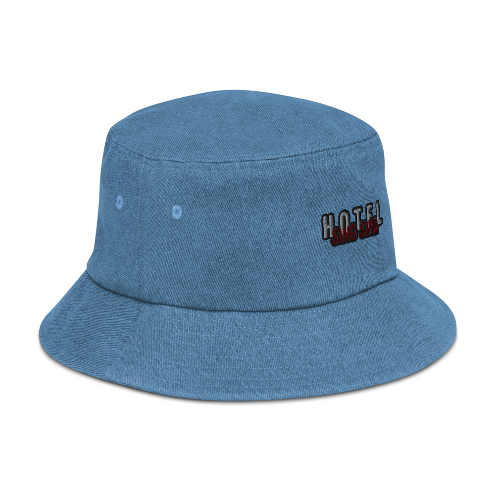 Washed Denim Bucket Session Hat with Embroidered Sing Sing Hotel Tab. Side view.