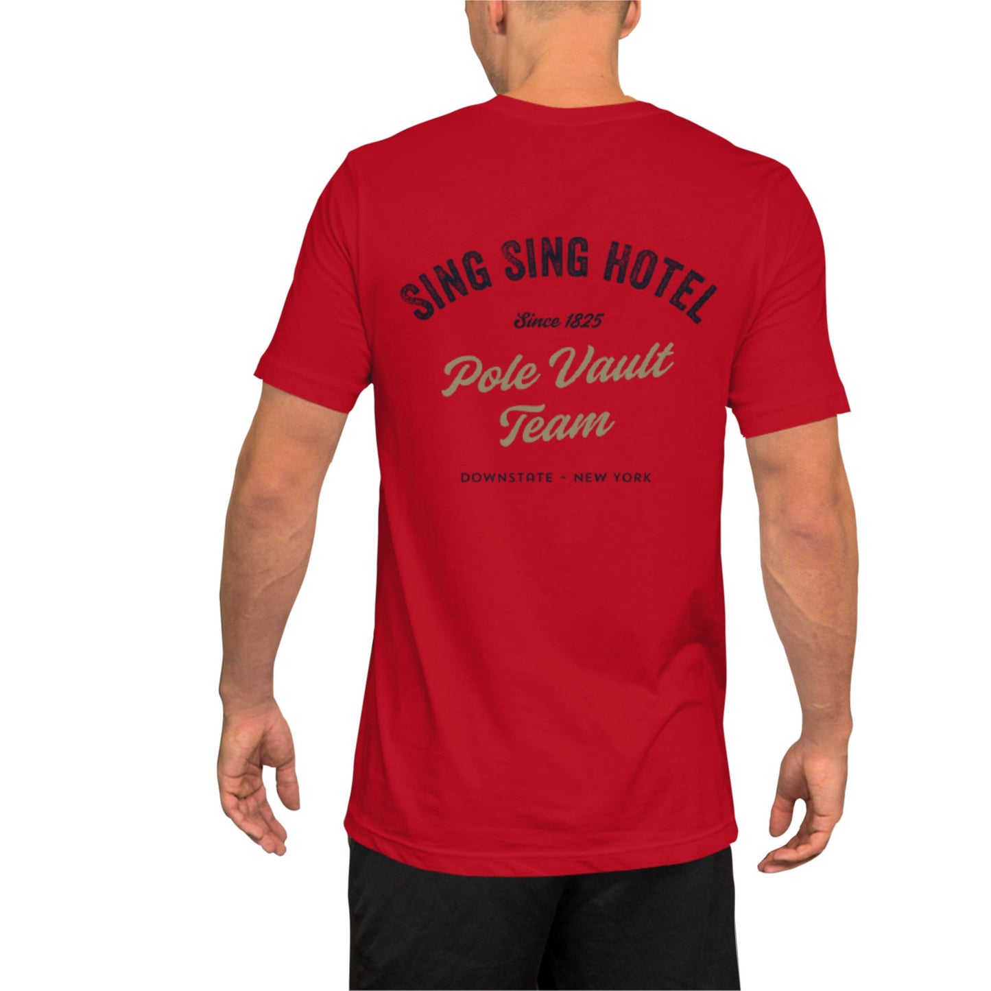 Sing Sing Hotel 011 , Pole Vault Team, Downstate New York, Red Cotton T-Shirt. Back.