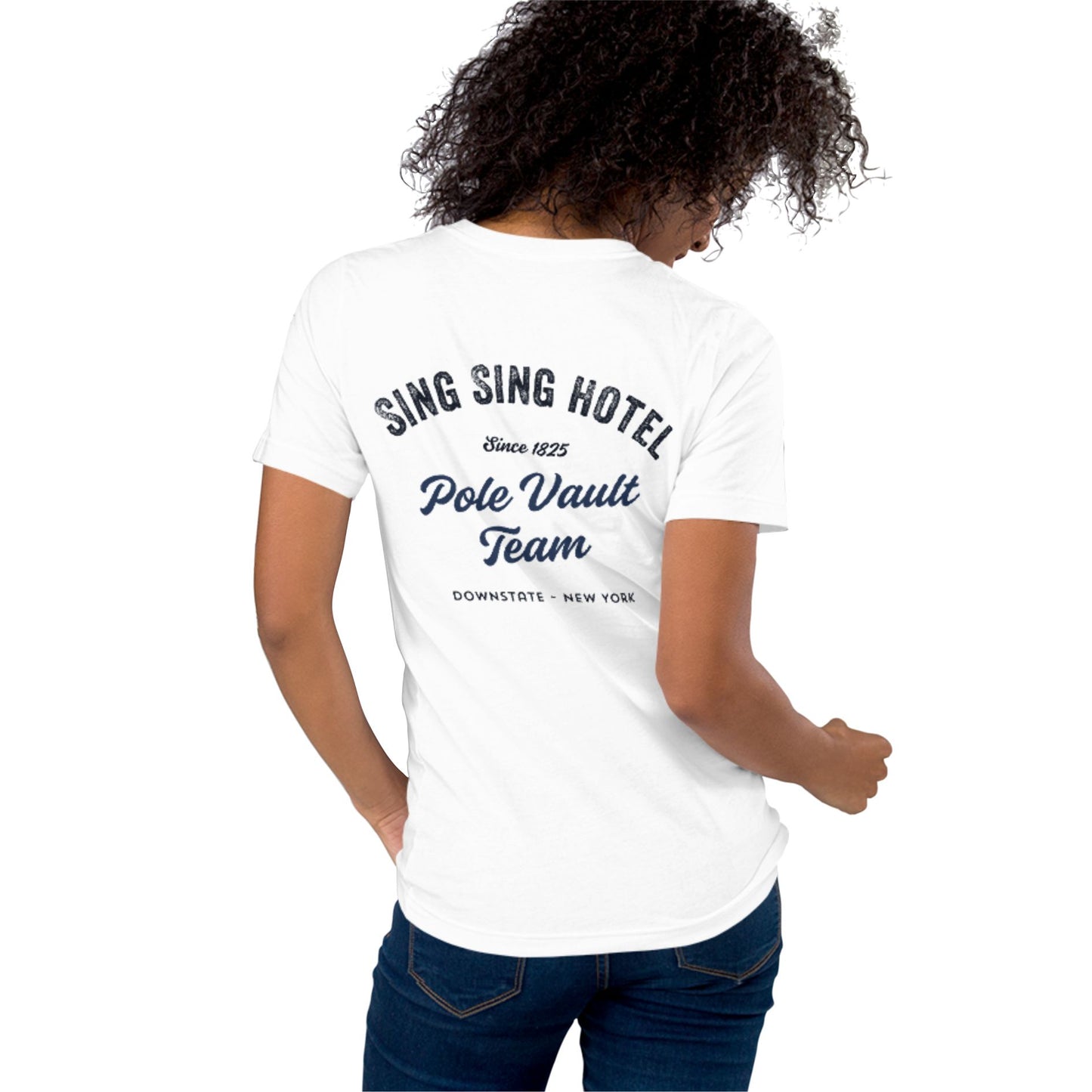 Sing Sing Hotel 011 , Pole Vault Team, Downstate New York, White Cotton T-Shirt. Back.