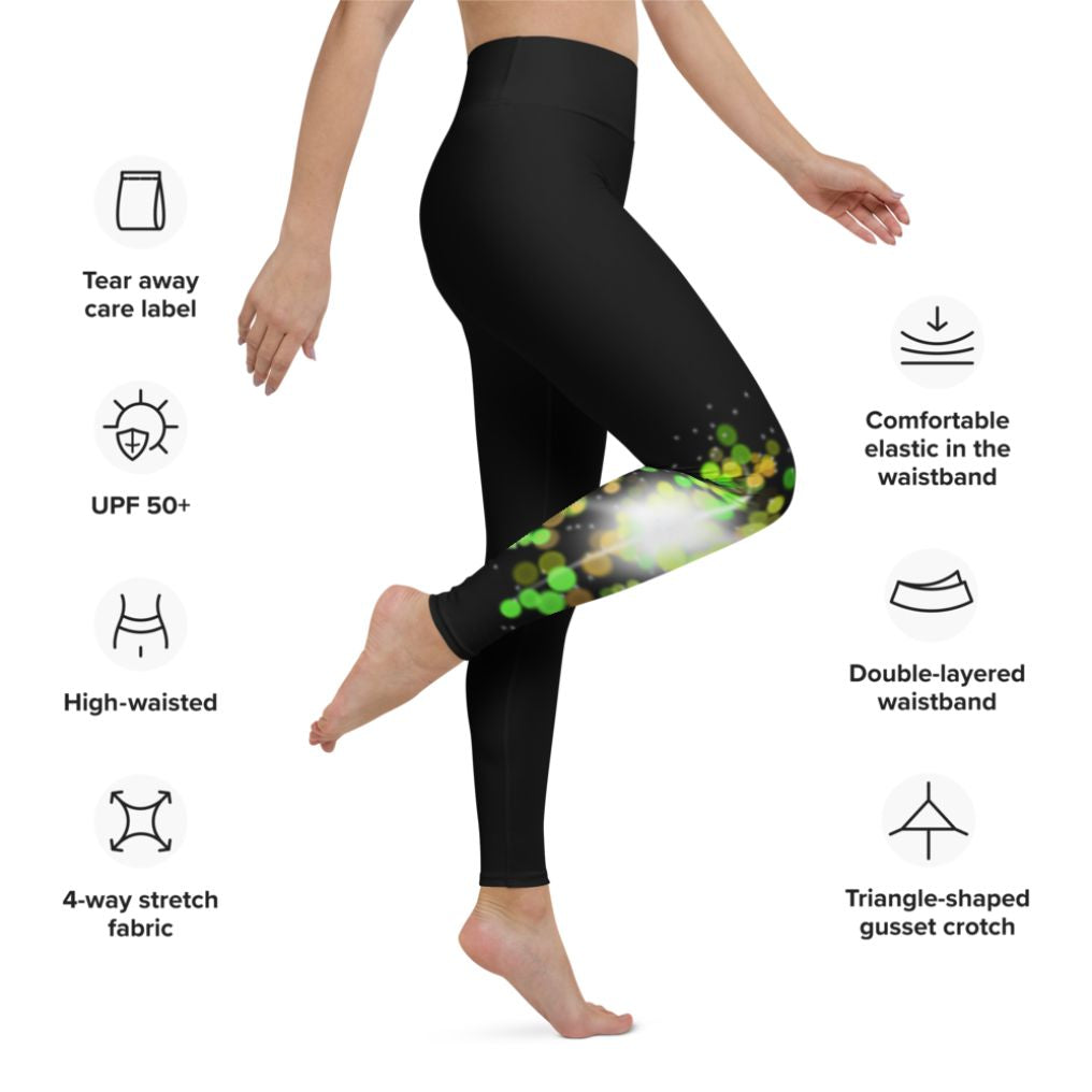 Bokeh Lime Green 5 Yoga Leggings, Side view product specs mock up.