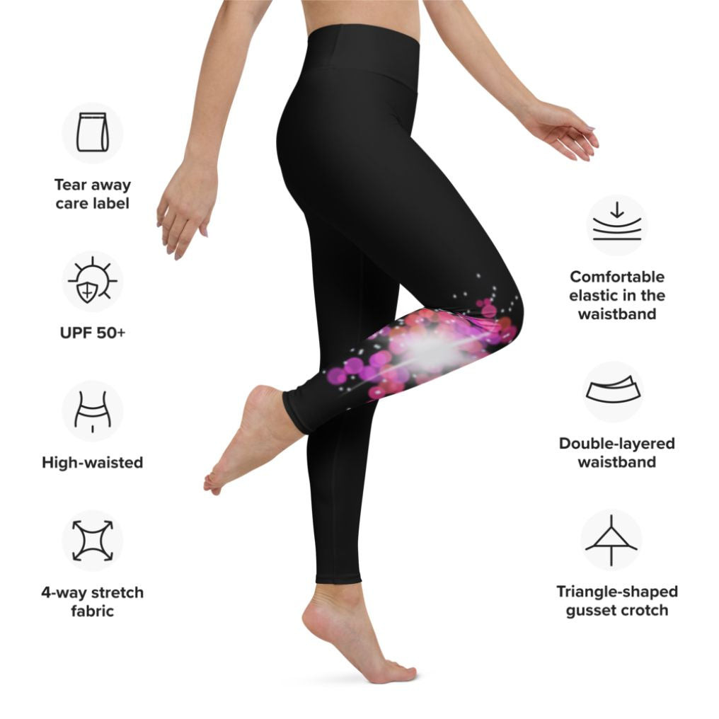 Bokeh Pink 5 Yoga Leggings, Side view product specs mock up.