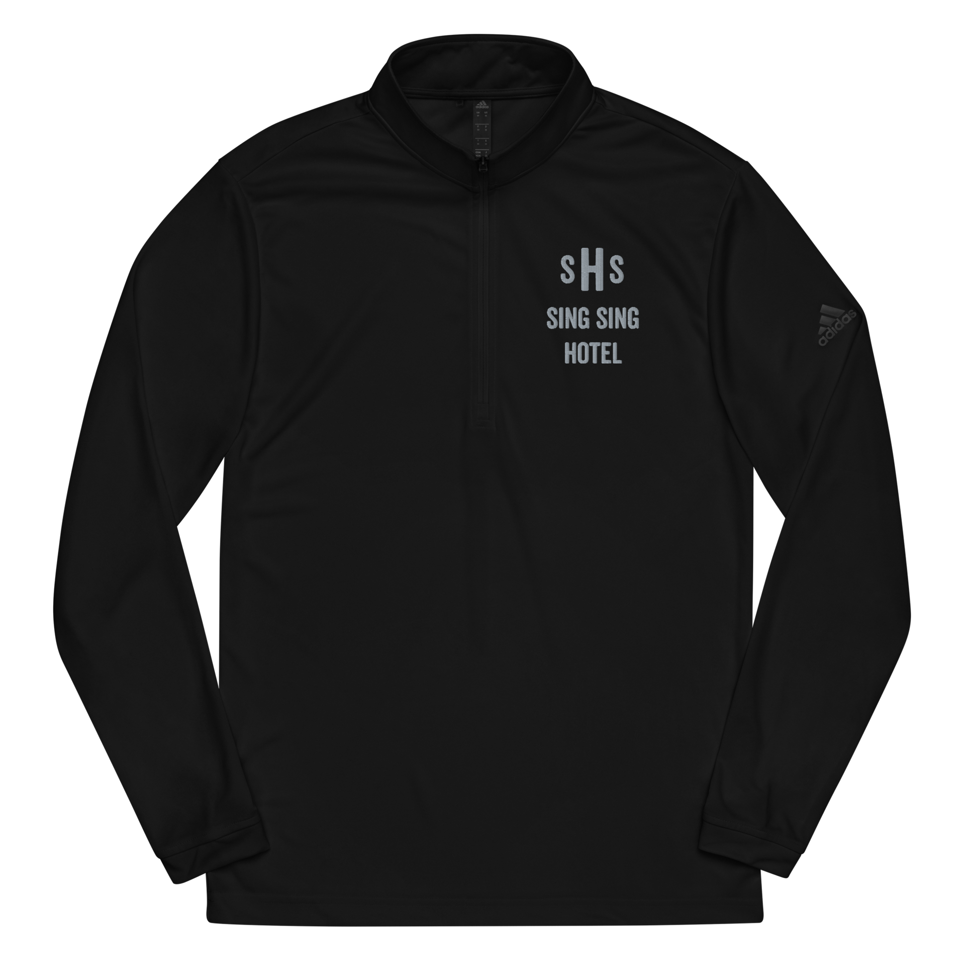 Embroidered Sing Sing Hotel Motif Quarter Zip adidas Pullover, Black.