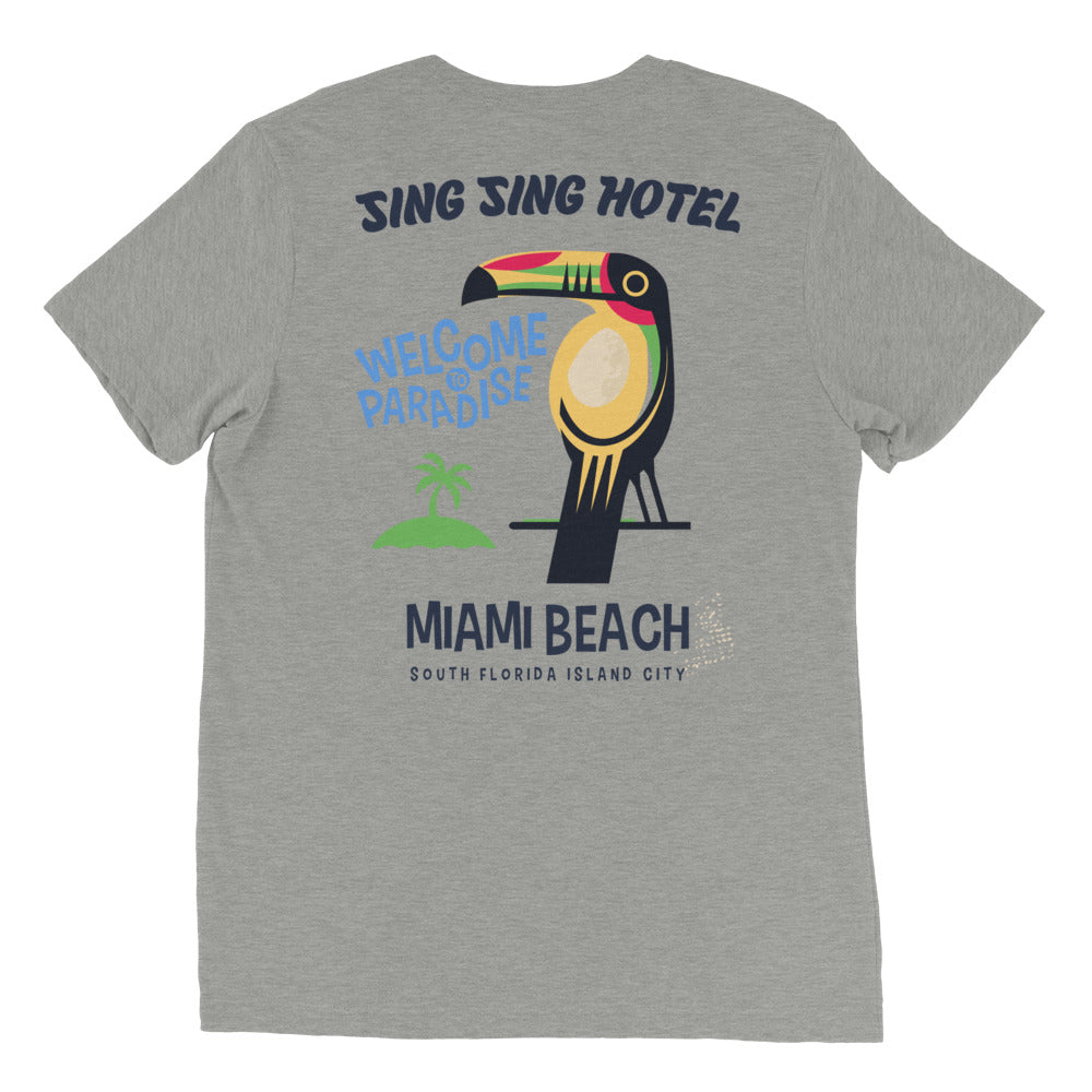 Sing Sing Hotel, Welcome to Paradise: Miami Beach South Florida Island City. Rear view Grey Toucan T-Shirt.