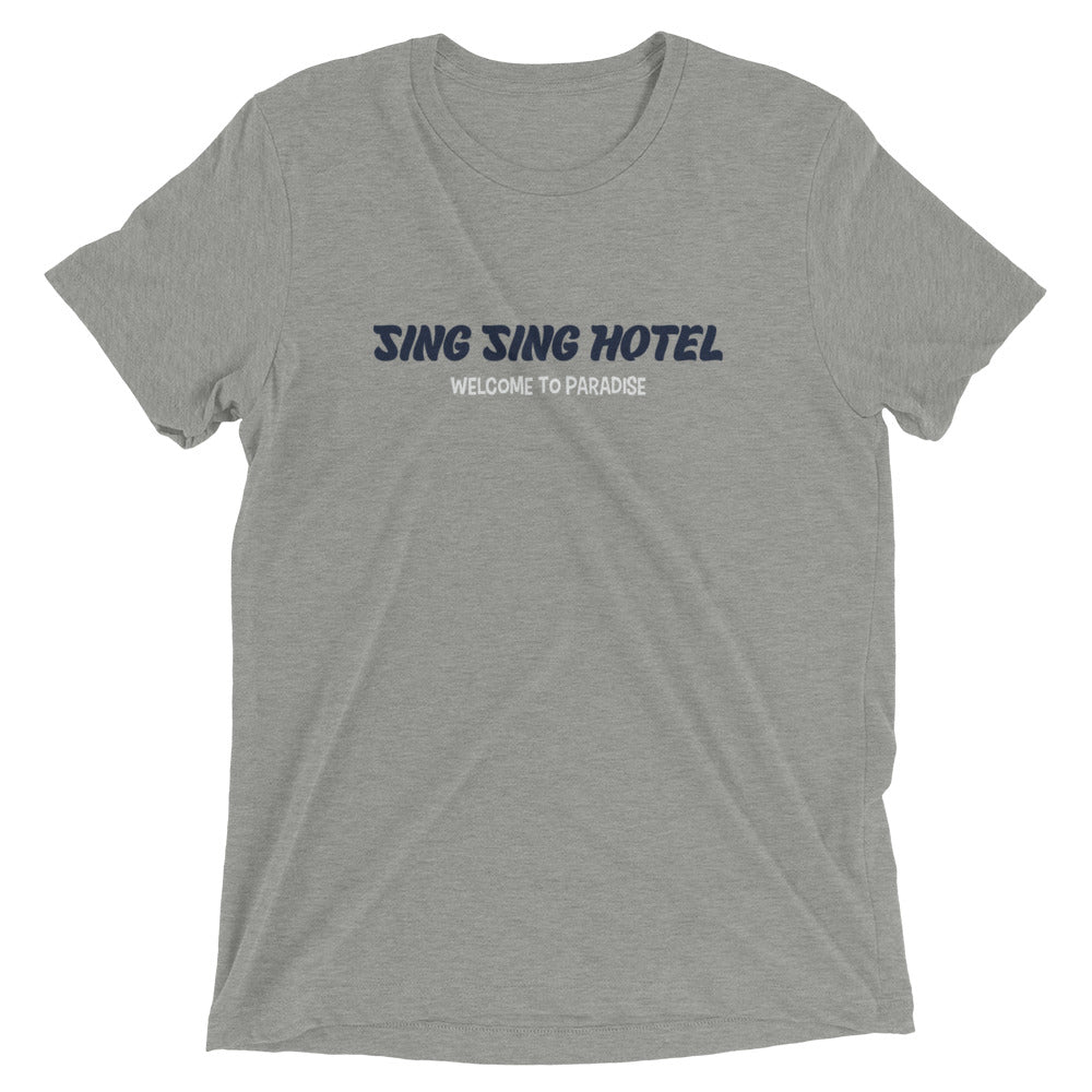 Sing Sing Hotel, Welcome to Paradise From Miami Beach to Palm Beach & Everywhere in-between: Aventura, Hollywood, Fort Lauderdale, Pompano Beach, Boca Raton, Delray Beach, Boynton Beach. Front view Grey  Flamingo T-Shirt.