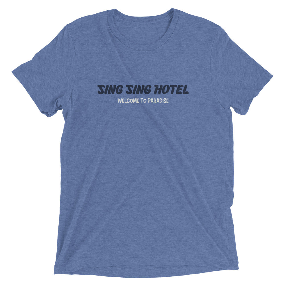 Sing Sing Hotel, Welcome to Paradise From Miami Beach to Palm Beach & Everywhere in-between: Aventura, Hollywood, Fort Lauderdale, Pompano Beach, Boca Raton, Delray Beach, Boynton Beach. Front view Blue  Flamingo T-Shirt.