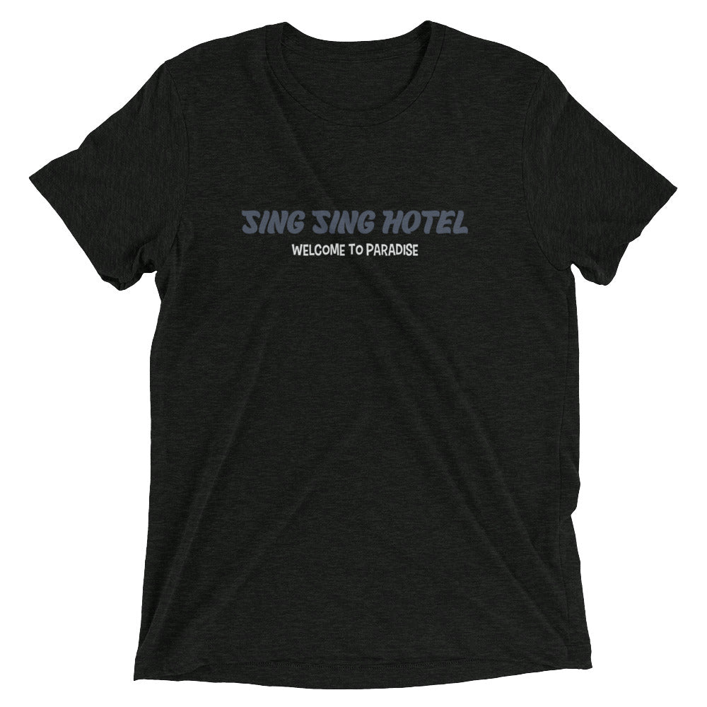 Sing Sing Hotel, Welcome to Paradise From Miami Beach to Palm Beach & Everywhere in-between: Aventura, Hollywood, Fort Lauderdale, Pompano Beach, Boca Raton, Delray Beach, Boynton Beach. Front view Black  Flamingo T-Shirt.