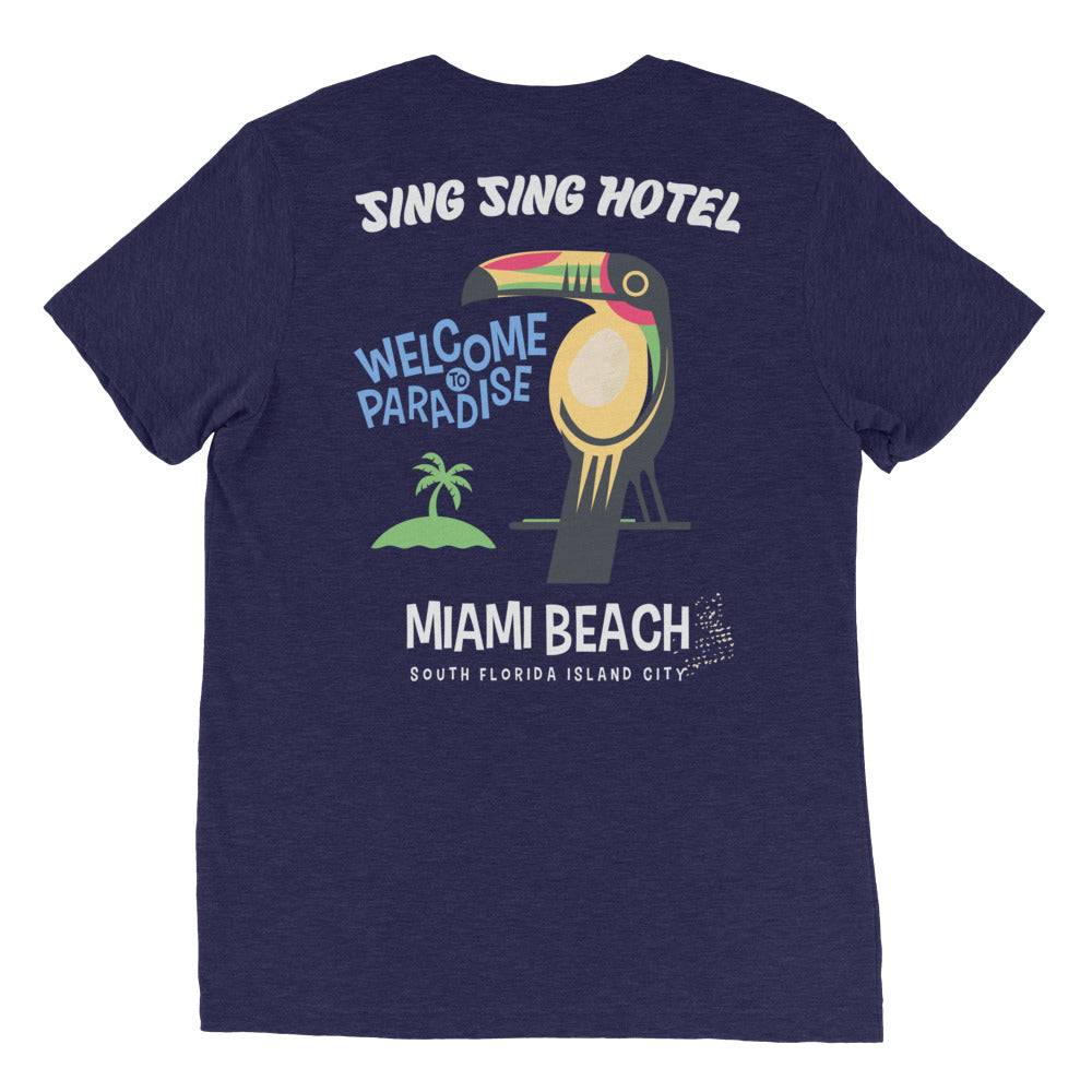 Sing Sing Hotel, Welcome to Paradise: Miami Beach South Florida Island City. Rear view Navy Toucan T-Shirt.