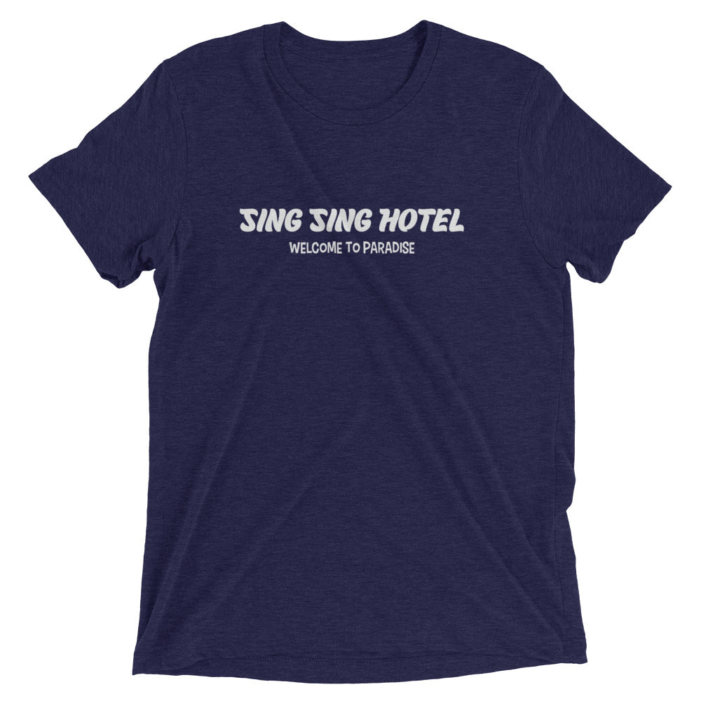 Sing Sing Hotel, Welcome to Paradise: Miami Beach South Florida Island City. Front view Navy Toucan T-Shirt.